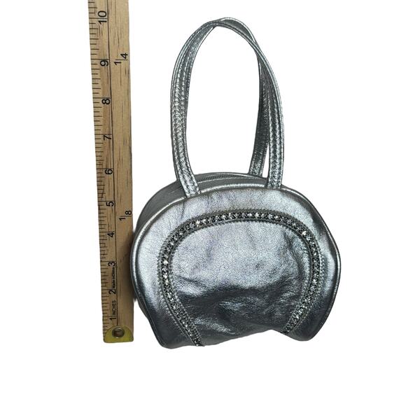 Dawli Circle Handbag Purse Metallic‎ Silver Rhinestone Leather Chic Event Clutch - Picture 10 of 11